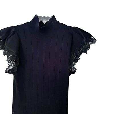 Rebecca Taylor Black Pointelle Knit Lace Trim Mock Neck Sweater Dress Size  M | eBay