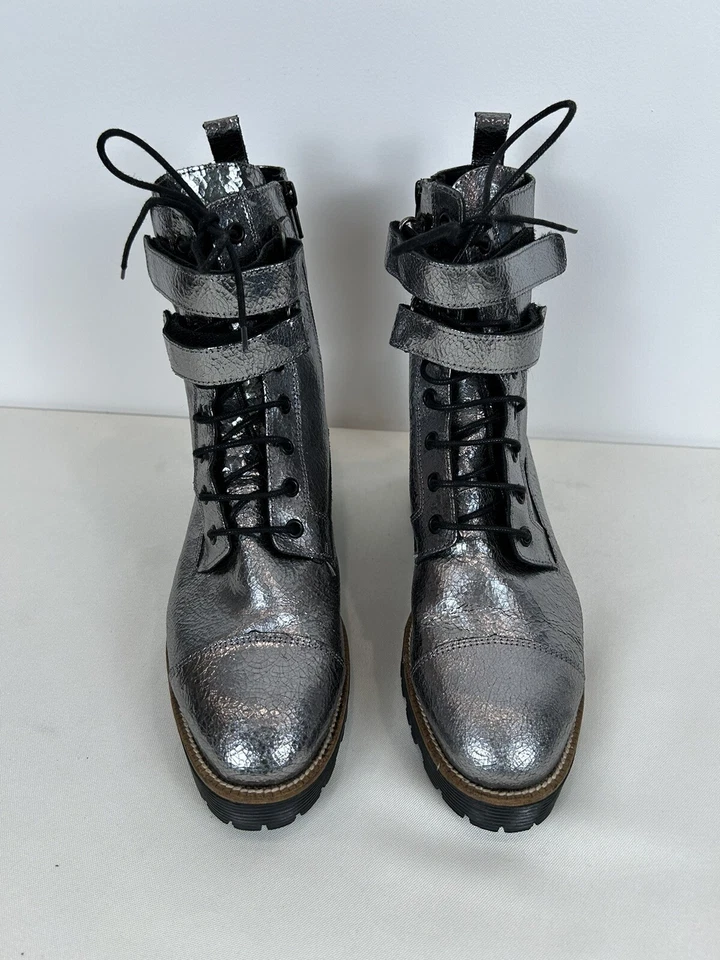 Shellys London Bootie 39 Silver Metallic Distressed Leather Combat Boots Womens - Image 2 of 4