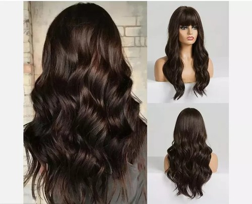 Real hair New Elegant Women Tousled Long Dark Brown Wavy Human Hair Wigs 24 in