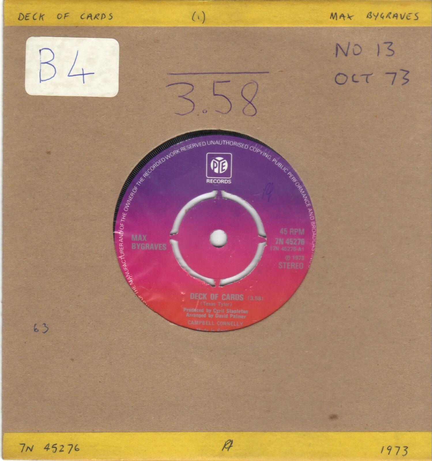 MAX BYGRAVES DECK OF CARDS b/w THE HAPPY SONG 7" SINGLE VGC 1973 PYE