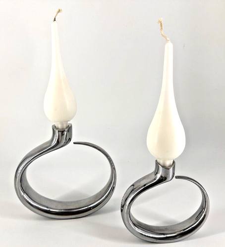 Nambe CANDLEHOLDERS Neal Cohen TWO Silver 2011 Metal 8.5” MT0390 PAIR - Picture 2 of 23