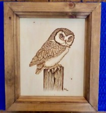 Signed Art Owl Pyrography Wood Burning Framed EX