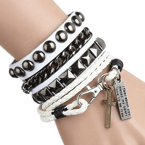 Men Punk Gothic Biker Wide Leather Bracelet Bangle Wristband Braided Rivet Chain - Picture 3 of 12