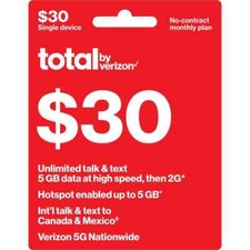 TOTAL WIRELESS Prepaid 30 Refill Top-Up Prepaid Card ,PIN / RECHARGE