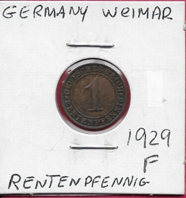 GERMANY WEIMAR 1 RENTENPFENNIG 1929-F WHEAT SHEAF DIVIDES DATE,DENOMINATION WITH