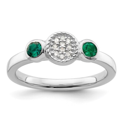 Sterling Silver Stackable Expressions Dbl Round Cr. Emerald & Dia. Ring Size 7