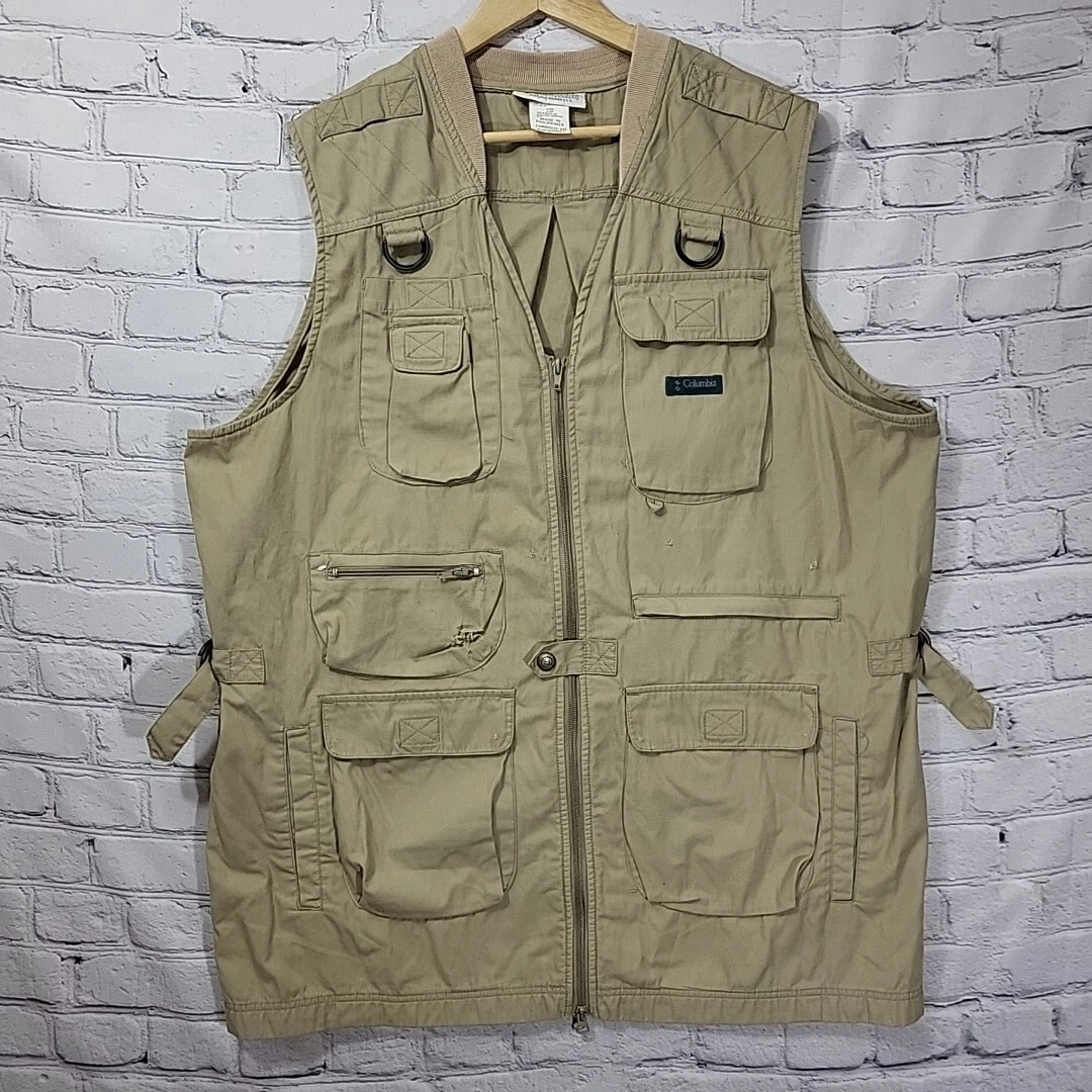 Vintage 90's Columbia Fishing Vest Mens XL Beige Utility Outdoors Flaws Holes