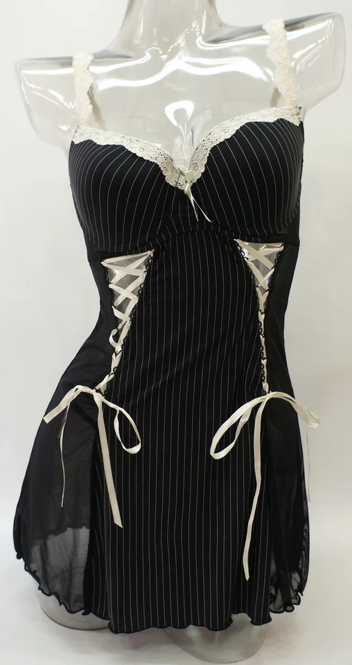 Conjunto de babydoll y tanga Biatta Intimates negras a rayas para mujer 34B-36C Foto 2 de 4