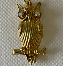 Necklace Owl Gold tone with AB Rhinestone Eyes Gold tone Chain 16"