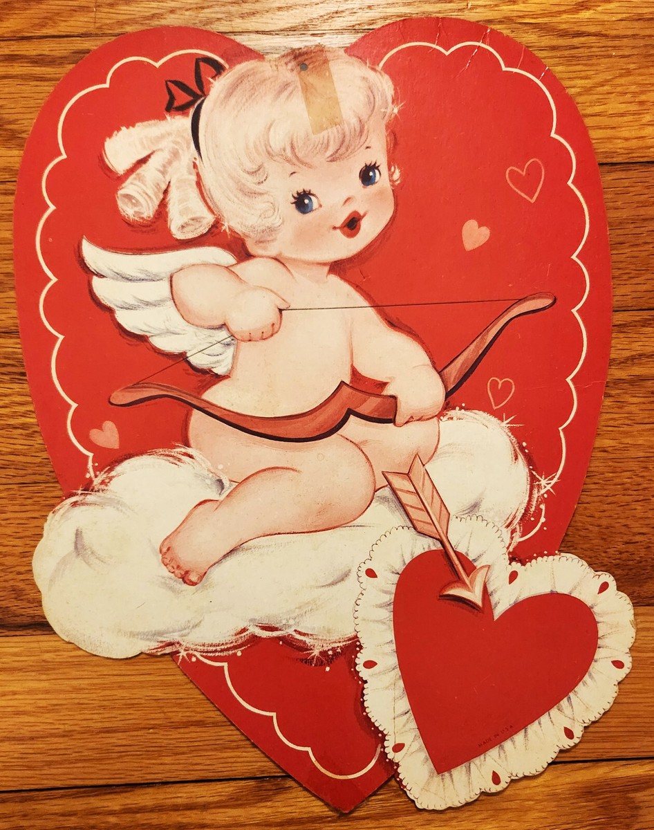 Vintage Valentine Die Cut Girl Cupid Shooting Arrow Into Heart