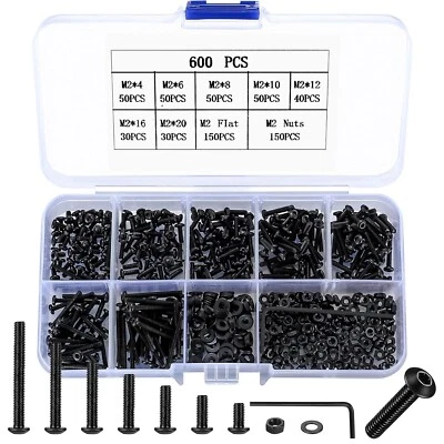 MYHONGLE 600 Pcs M2 Bolts Set, M2 Nuts and Bolts Set, Hex Socket Button Head Cap Screws