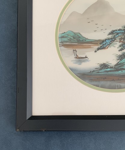 Quadro acquerello firmato Anton Wang seta paesaggio marino asiatico montagne incorniciato - Foto 4 di 18