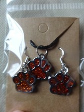 DOG CAT PAW PRINT ORANGE GLITTERED PENDANT 925 SILVER HOOK EARRING GIFT SET NIP