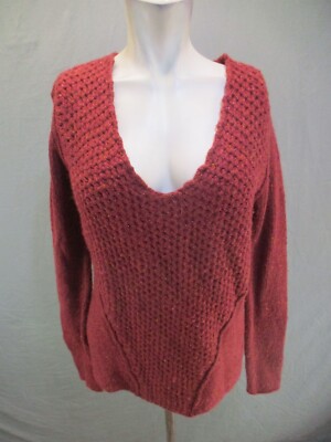BERENICE Size S Womens Maroon Wool Alpaca Blend Plunging Knit Lurex Sweater 344