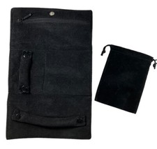 Soft Black Velvet Jewelry Travel Case and Drawstring Bag Tri-fold Organizer