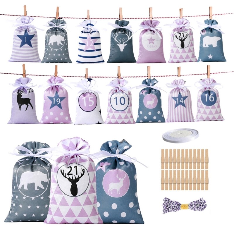 24pcs Advent Calendar for Filling with Drawstring Resusable for Christmas DIY
