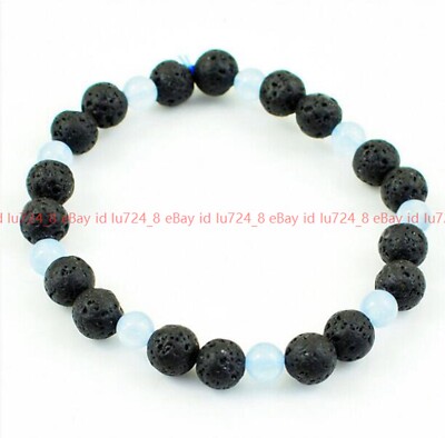 Natural 6-8mm Blue Chalcedony &Lava Stone Round Gems Beads Stretch Bracelet