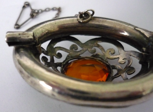 Viktorianische schottische Brosche Silber grau Achat und Citrin mit Sicherheitskette - Bild 8 von 11