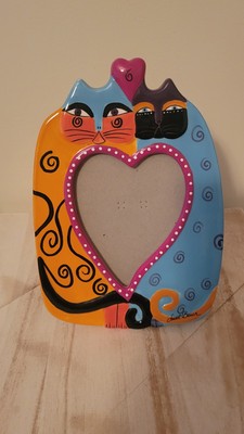 Laurel Burch Signed Ceramic Colorful Cats Heart Frame 8.5'' X 6'' Small Chip