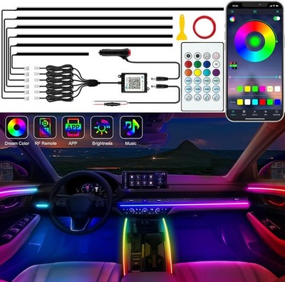 Interior Car LED Strip Lights Acrylic 6 in 1 Music Sync Remote Control Chasing