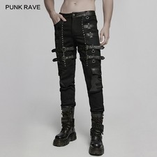 Punk Rave Men Black Gothic Metal Punk Rock Tight Fit Pants  Casual Trousers