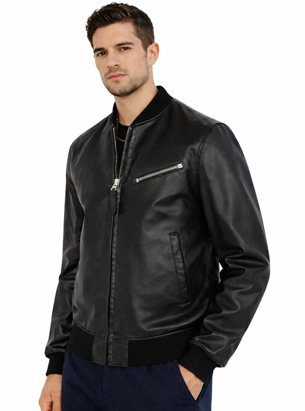 iorgio Men’s Real Sheepskin Leather Jacket Black Zip Bomber Jacket