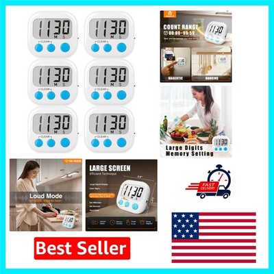 6 Pack of White Digital Timers with Magnetic Back for Easy Cooking and Timing