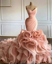 Pink Mermaid Wedding Dress Sweetheart V Neck Tiered Skirt Ruffles Princess Gowns