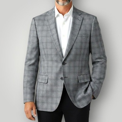 TOM JAMES Bespoke Mens 42L Blazer Sport Coat 2-Button Jacket Gray Wool Plaid