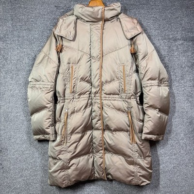 Bogner Goose Down Parka Jacket Womens 10 40 Taupe Champagne Leather Trim Hooded
