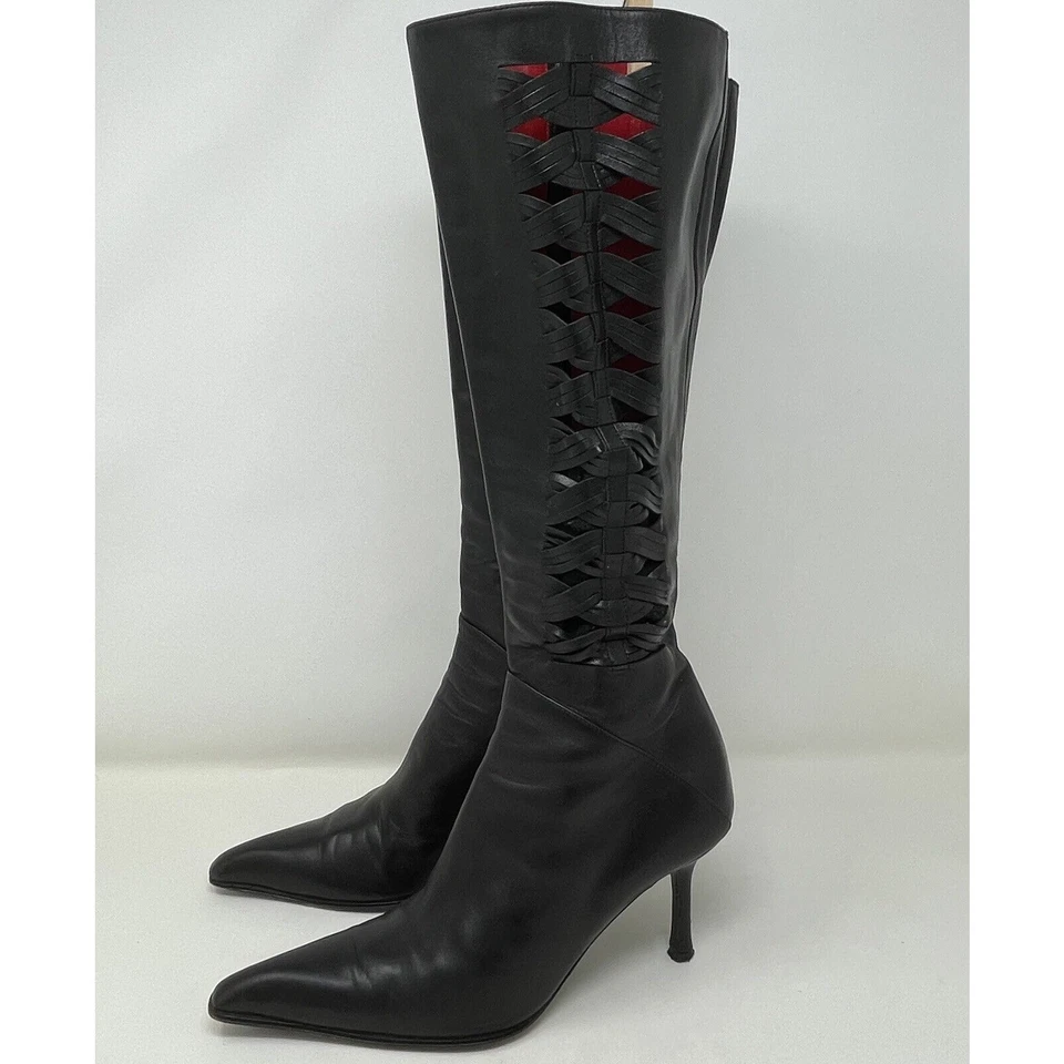 Cesare Paciotti Slim Leather Boots 37 7 Black Cross Weave Pointed Toe City Chic - Image 3 of 4
