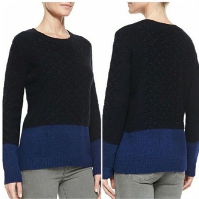 Vince Yak Wool Blend Cableknit Sweater ColorBlock Preppy Academia Black Blue XS