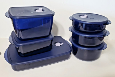 Tupperware VENT 'N SERVE Microwave Safe 6 Container Set With Lids Indigo Blue