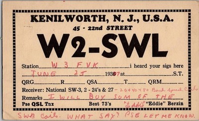 1937 Kenilworth NJ W2-SWL QSL Postcard Amateur Radio W3 FVK National SW-3
