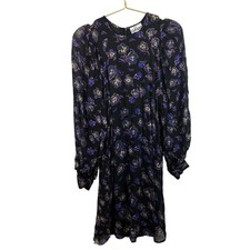 GANNI Floral Purple Black Whimsgoth Floral Balloon Sleeve Midi Dress Sz 34 XS