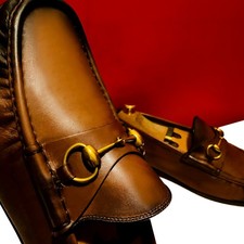 $949.00!! GUCCI MEN RUSTY BROWN GOLDEN HORSE BIT LOAFERS SHOES MARKED UK SIZE 11