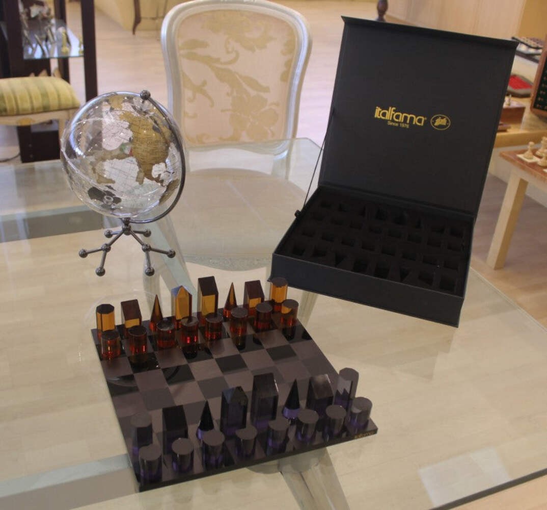 Italfama Acrylic Chess Set, Geometric Pieces, Black/Orange, 30x30cm, Luxury Box