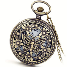Vintage Pocket Watch Necklace Elegant Hollow Butterfly Dial Chain Quartz
