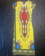 Step In Style Yellow Geometric Dashiki Print T-Shirt Midi Dress Round Neck L