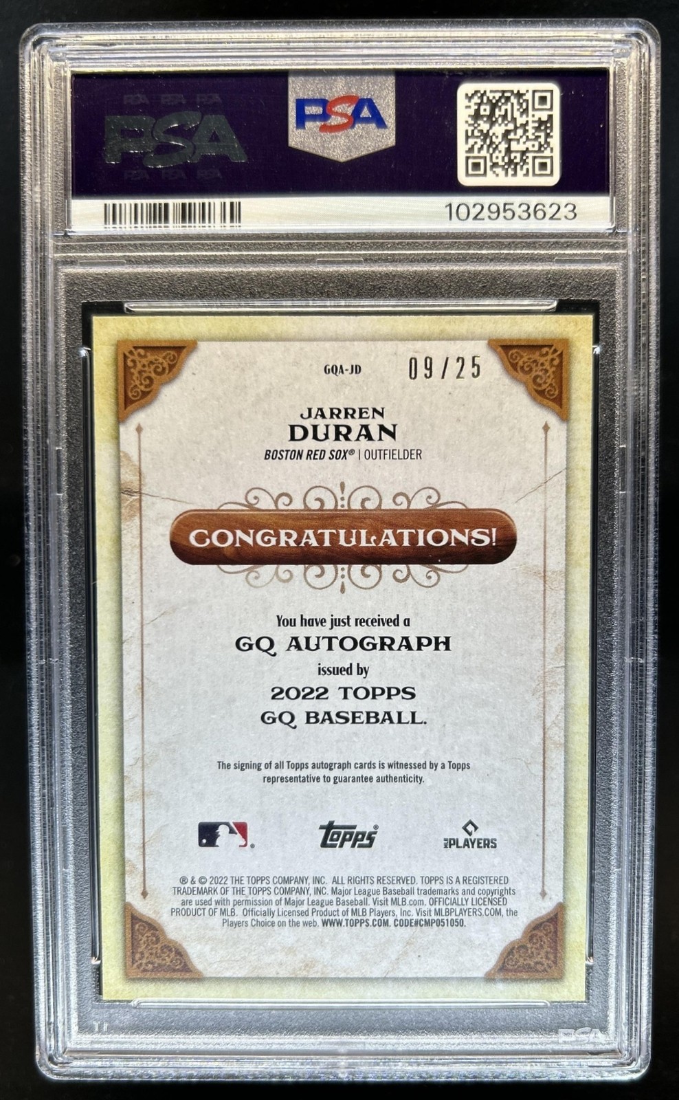 2022 Topps Gypsy Queen Jarren Duran GQ Auto RC Missing Black Plate #/25 PSA 10 view 2