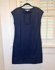 Boden Navy Blue Pinstripe Dress Size 12L Sheath Side Zip Cotton