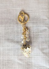 STRAWBERRY FRUIT GOLD KEYCHAIN CLEAR IRIDESCENT BEADED BAG CHARM PURSE CHARM