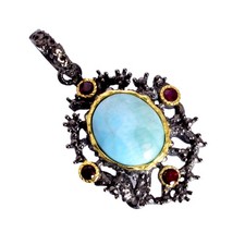 Natural Larimar Garnet 925 Silver Pendant Black Rhodium Gold Plated Handmade