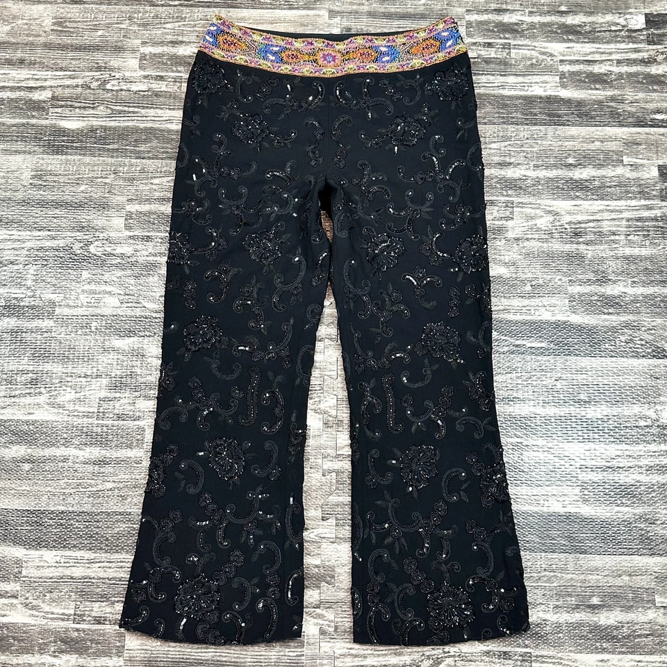 ESCADA Black Boot Beaded Waist Sequin Embroidered Flowy Pants sz 42 US 12 VTG ?