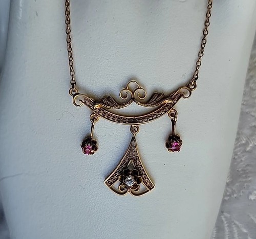 10K Victorian Filigree Diamond Ruby Pendant 16" Necklace Yellow Gold, 3 Grams - Picture 2 of 18
