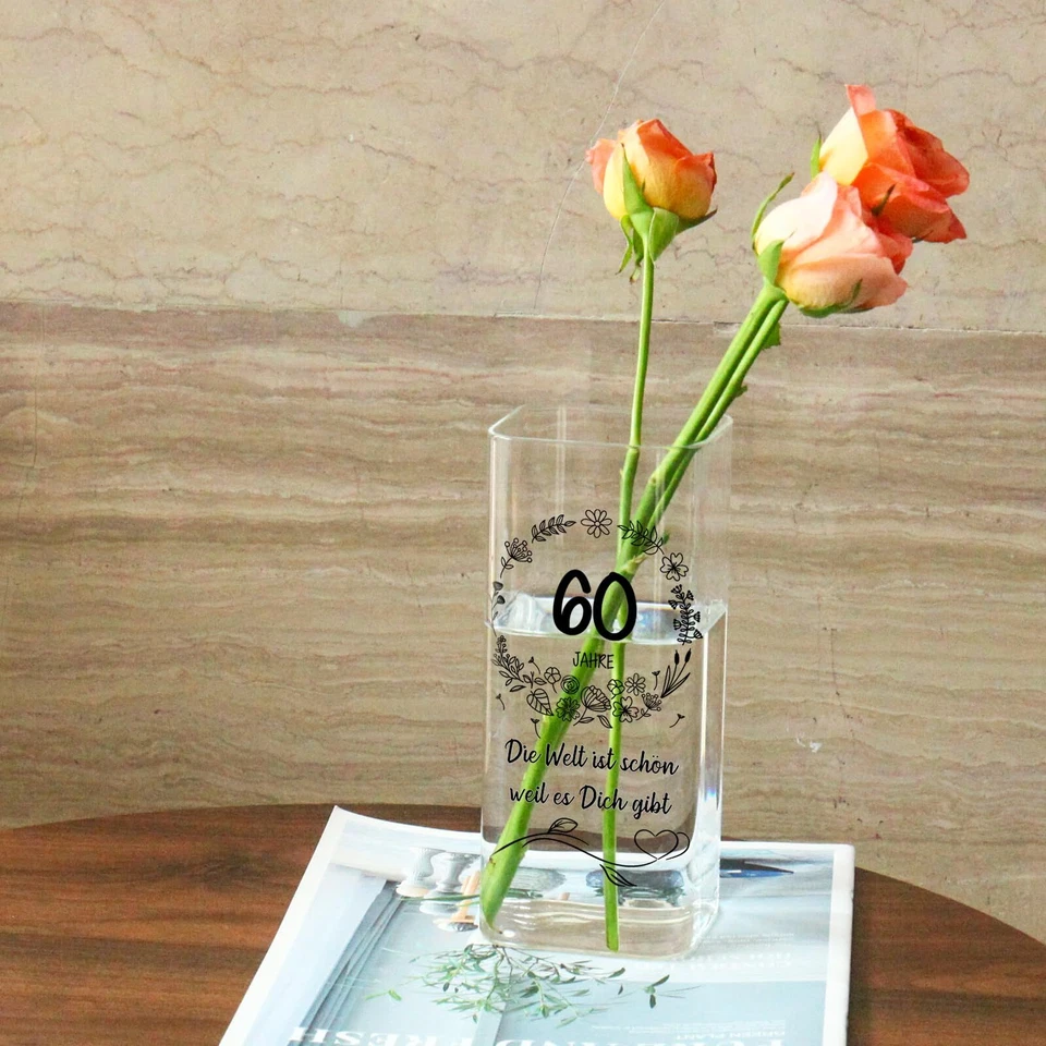 Blumenvase für 60. Jahrestag Vase zum 60. Geburtstag mit Gravur Glasvase mit ... - Bild 3 von 4
