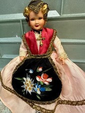 Vtg French Celluloid 8  Jointed Doll Taffeta Gown With Cross Handpainted Apron