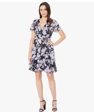 NWT Tahari ASL Lavender Navy Floral Chiffon Fit-n-Flare Dress 12 Ruffle Tiered