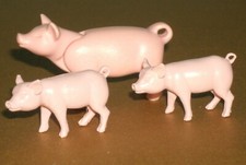 Three Domestic Pig Plastic Mini Figures 1.5" Long Farm Livestock Toy Animals