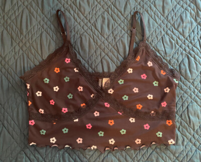 H&M Divided Black Cropped Tank Top w/ Lace Trim & Colorful Retro Flowers - NWOT